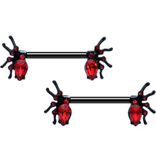 Load image into Gallery viewer, 14G Red Gem Black Creep Spider Halloween Barbell Nipple Ring Set