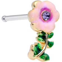 Load image into Gallery viewer, 20G 1/4 Purple CZ Gem Pink Flower Leaves Nose Bone