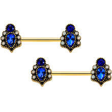 Load image into Gallery viewer, 14G 9/16 Clear Blue Gem Gold Tone Heirloom Drop Nipple Ring Set