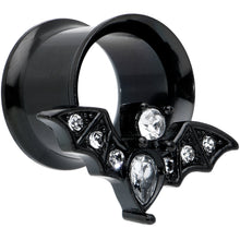 Load image into Gallery viewer, Clear Gem Black Bat Halloween Double Flare Tunnel Plug Set