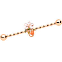 Load image into Gallery viewer, 14G Green Gem Rose Gold Hue Orange Flower Industrial Barbell 38mm