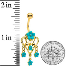 Load image into Gallery viewer, Gold Tone Blue Flowers Heart Dangle Belly Ring