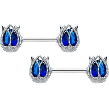 Load image into Gallery viewer, 14G 9/16 Blue Gem Tulip Flower Barbell Nipple Ring Set