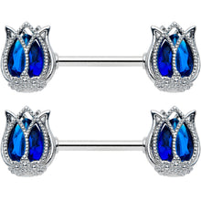 Load image into Gallery viewer, 14G 9/16 Blue Gem Tulip Flower Barbell Nipple Ring Set