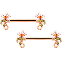 Load image into Gallery viewer, 14G 9/16 Green Gem Rose Gold Tone Orange Flower Nipple Ring Set
