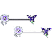 Load image into Gallery viewer, 14G 9/16 Clear CZ Gem Flower Blue Butterfly Nipple Ring Set