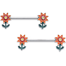 Load image into Gallery viewer, 14G 9/16 Red Orange Fanciful Flower Barbell Nipple Ring Set