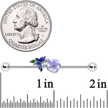 Load image into Gallery viewer, 14G Clear CZ Gem Flower Blue Butterfly Industrial Barbell 38mm