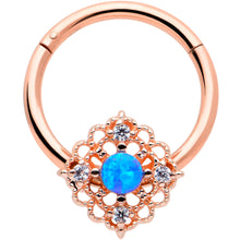 Load image into Gallery viewer, 16G 3/8 Blue Synthetc Opal Rose Gold Hue Lacy Hinged Segment Ring