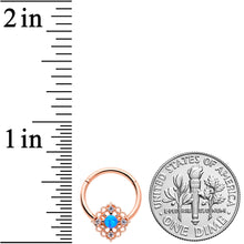 Load image into Gallery viewer, 16G 3/8 Blue Synthetc Opal Rose Gold Hue Lacy Hinged Segment Ring