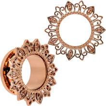 Load image into Gallery viewer, Brown Gem Rose Gold Tone Floral Edge Screw Fit Tunnel Plug Set