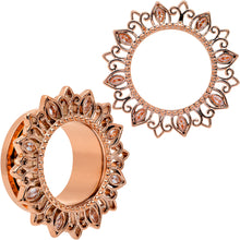 Load image into Gallery viewer, Brown Gem Rose Gold Tone Floral Edge Screw Fit Tunnel Plug Set