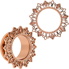 Load image into Gallery viewer, Brown Gem Rose Gold Tone Floral Edge Screw Fit Tunnel Plug Set
