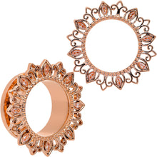 Load image into Gallery viewer, Brown Gem Rose Gold Tone Floral Edge Screw Fit Tunnel Plug Set