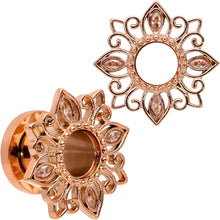 Load image into Gallery viewer, Brown Gem Rose Gold Tone Floral Edge Screw Fit Tunnel Plug Set