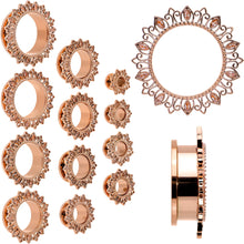 Load image into Gallery viewer, Brown Gem Rose Gold Tone Floral Edge Screw Fit Tunnel Plug Set