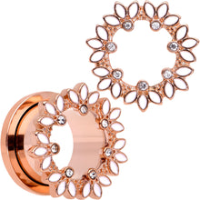Load image into Gallery viewer, Clear Gem Rose Gold Tone White Leaves Screw Fit Tunnel Plug Set