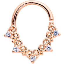 Load image into Gallery viewer, 16G 5/16 Clear CZ Gem Rose Gold Tone Heart Filigree Closure Ring