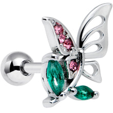 Load image into Gallery viewer, 16G 1/4 Pink Green Gem Floral Butterfly Cartilage Tragus Earring