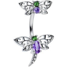 Load image into Gallery viewer, Clear Green Purple Gem Butterfly Dragonfly Double Mount Belly Ring