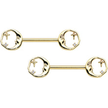 Load image into Gallery viewer, 14G 9/16 Gold Tone Face Crescent Moon Barbell Nipple Ring Set