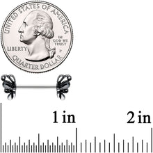Load image into Gallery viewer, 14G 1/2 Black Gem Abstract Bow Barbell Nipple Ring Set