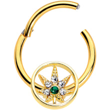 Load image into Gallery viewer, 16G 3/8 Clear Gem Gold Tone Pot Leaf Circle Hinged Segment Ring