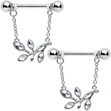 Load image into Gallery viewer, 14G 9/16 Clear Gem Leaves of Love Chain Dangle Nipple Ring Set