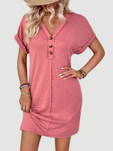 Load image into Gallery viewer, Elegant Button V-Neck Short Sleeve Dress Flattering Casual & Office Wear Simple Dress