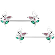 Load image into Gallery viewer, 14G 9/16 Pink Green Gem Floral Butterfly Nipple Ring Set