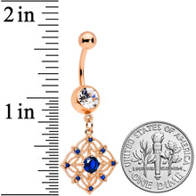 Load image into Gallery viewer, Clear Blue Gem Rose Gold Tone Wicked Web Dangle Belly Ring