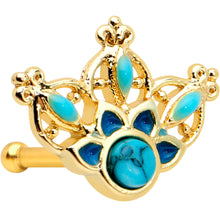 Load image into Gallery viewer, 20G 1/4 Turquoise Gold Tone Opulent Flower Nose Bone