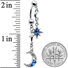 Load image into Gallery viewer, Clear Blue Gem Crescent Moon Star Double Mount Dangle Belly Ring