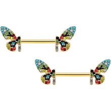 Load image into Gallery viewer, 14G 9/16 Red Blue Gem Gold Tone Multi Butterfly Nipple Ring Set