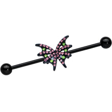 Load image into Gallery viewer, 14G Pink Green Gem Black Bat Wing Industrial Barbell 38mm