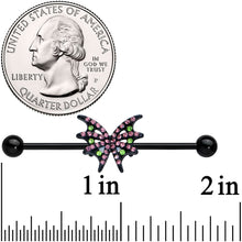 Load image into Gallery viewer, 14G Pink Green Gem Black Bat Wing Industrial Barbell 38mm