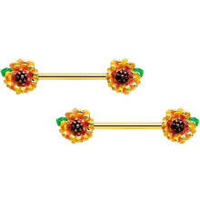 Load image into Gallery viewer, 14G 9/16 Gold Tone Summer Sunflower Barbell Nipple Ring Set