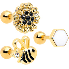 将图片加载到图库查看器,16G 1/4 Black CZ Gem Gold Tone Beehive Cartilage Earring Set of 3