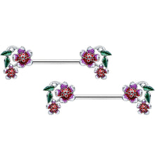 Load image into Gallery viewer, 14G 9/16 Purple Red Flower in Flower Barbell Nipple Ring Set