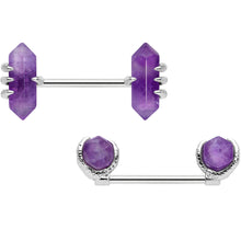 Load image into Gallery viewer, 14G 9/16 Purple Amethyst Stone Obelisks Barbell Nipple Ring Set