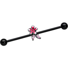 Load image into Gallery viewer, 14G Pink Gem Black Fanciful Flower Industrial Barbell 38mm