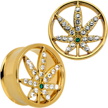Load image into Gallery viewer, Green Gem Gold Tone Pot Leaf Double Flare Tunnel Plug Set
