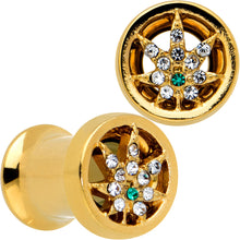 Load image into Gallery viewer, Green Gem Gold Tone Pot Leaf Double Flare Tunnel Plug Set
