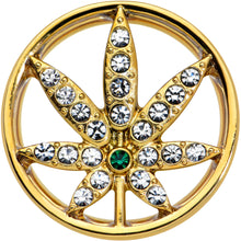 Load image into Gallery viewer, Green Gem Gold Tone Pot Leaf Double Flare Tunnel Plug Set