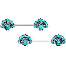 Load image into Gallery viewer, 14G 9/16 Blue Turquoise Southwest Shield Barbell Nipple Ring Set