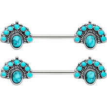 Load image into Gallery viewer, 14G 9/16 Blue Turquoise Southwest Shield Barbell Nipple Ring Set