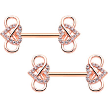 Load image into Gallery viewer, 14G 1/2 Clear CZ Gem Rose Gold Hue Infinity Heart Nipple Ring Set