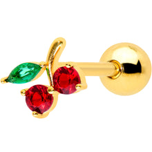 Load image into Gallery viewer, Red Green Gem Gold Tone Tasty Cherry Fruit Barbell Tongue Ring