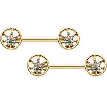 Load image into Gallery viewer, 14G 9/16 Clear Green Gem Gold Hue Pot Leaf Circle Nipple Ring Set