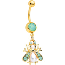 Load image into Gallery viewer, Green White Pearlescent Gem Gold Tone Snow Bug Dangle Belly Ring